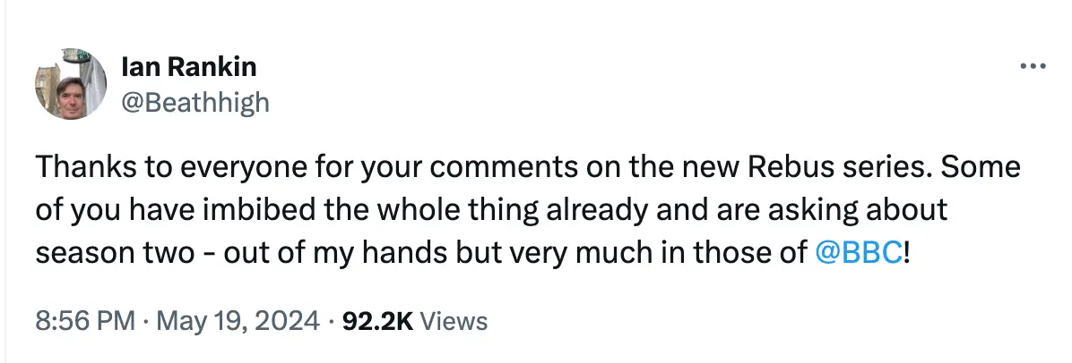 Ian Rankin thanked his fans for their praise over Rebus. (X/@Beathhigh)