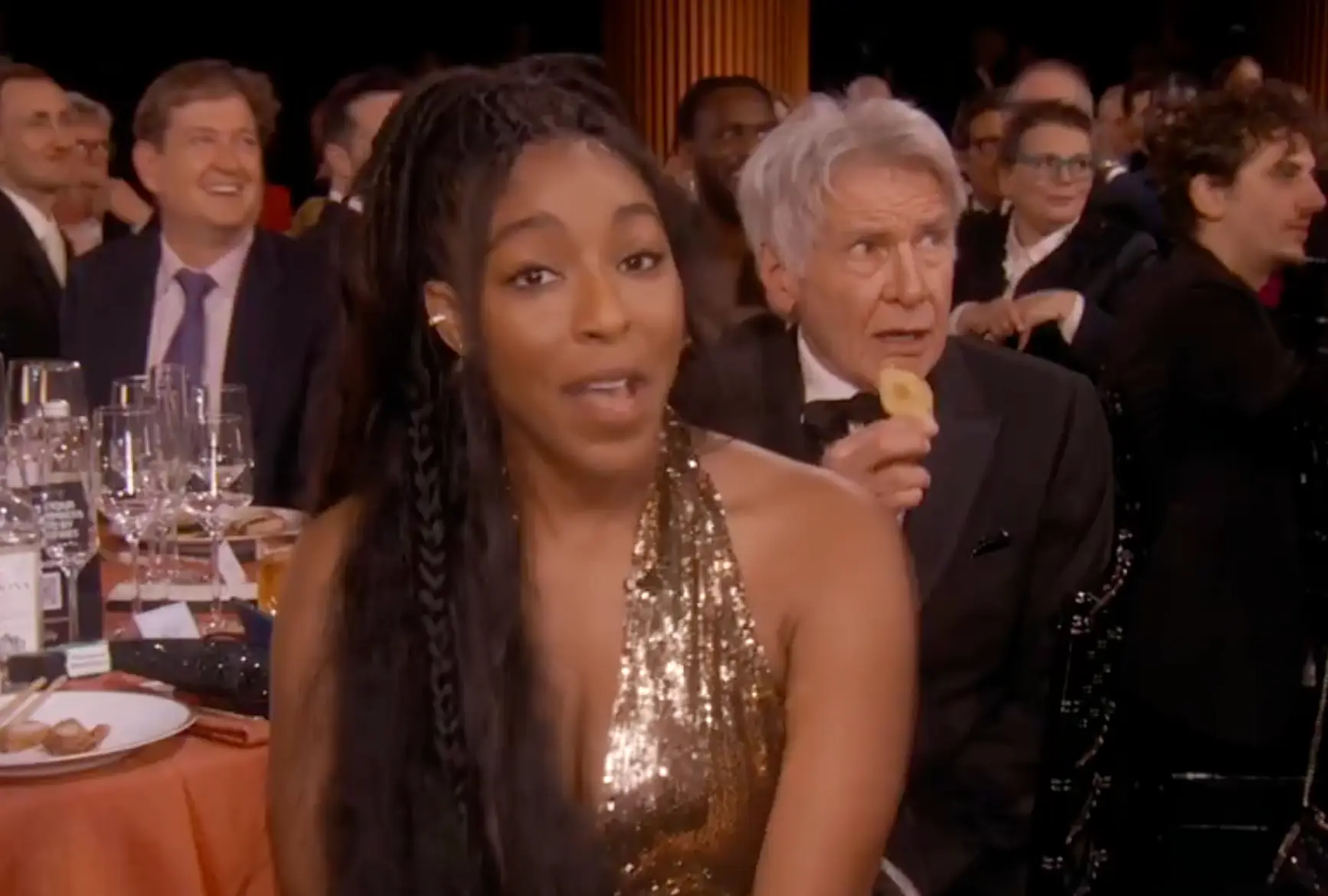 Harrison Ford was caught eating a crisp during his Shrinking cast-mate Jessica Williams' 'I Am an Actor ' speech (Netflix)