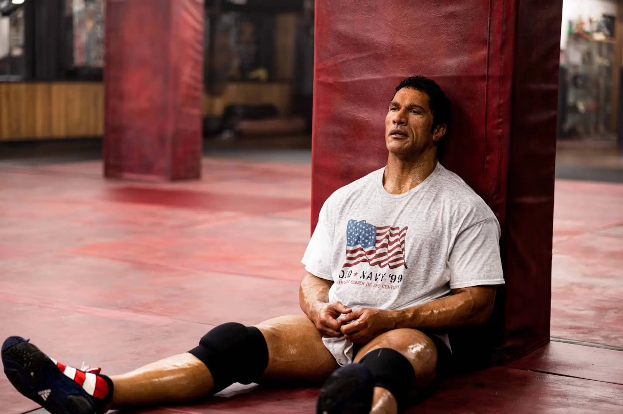 Johnson also wore facial prosthetics to look more like MMA fighter and UFC pioneer, Mark Kerr (A24)