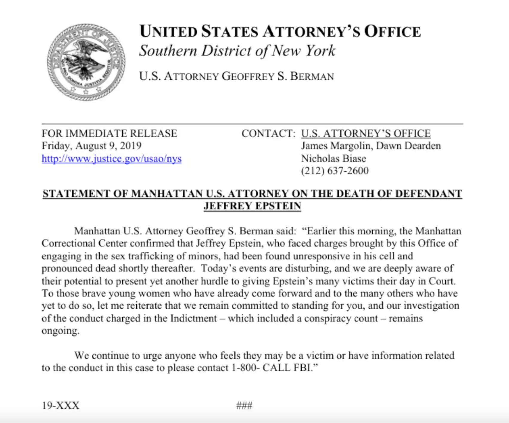 A federal statement sees Epstein’s death recorded the day before he died (US Department of Justice)