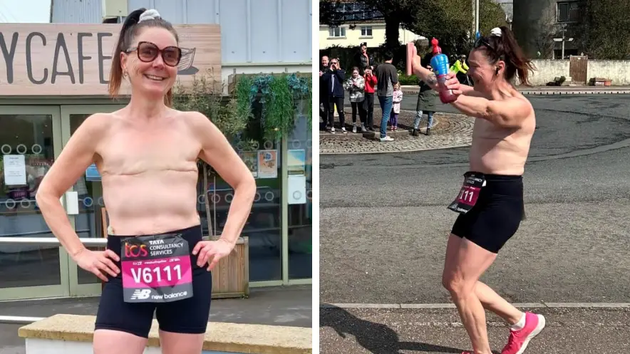 Mum praised for running virtual London Marathon topless to raise awareness of mastectomy scars