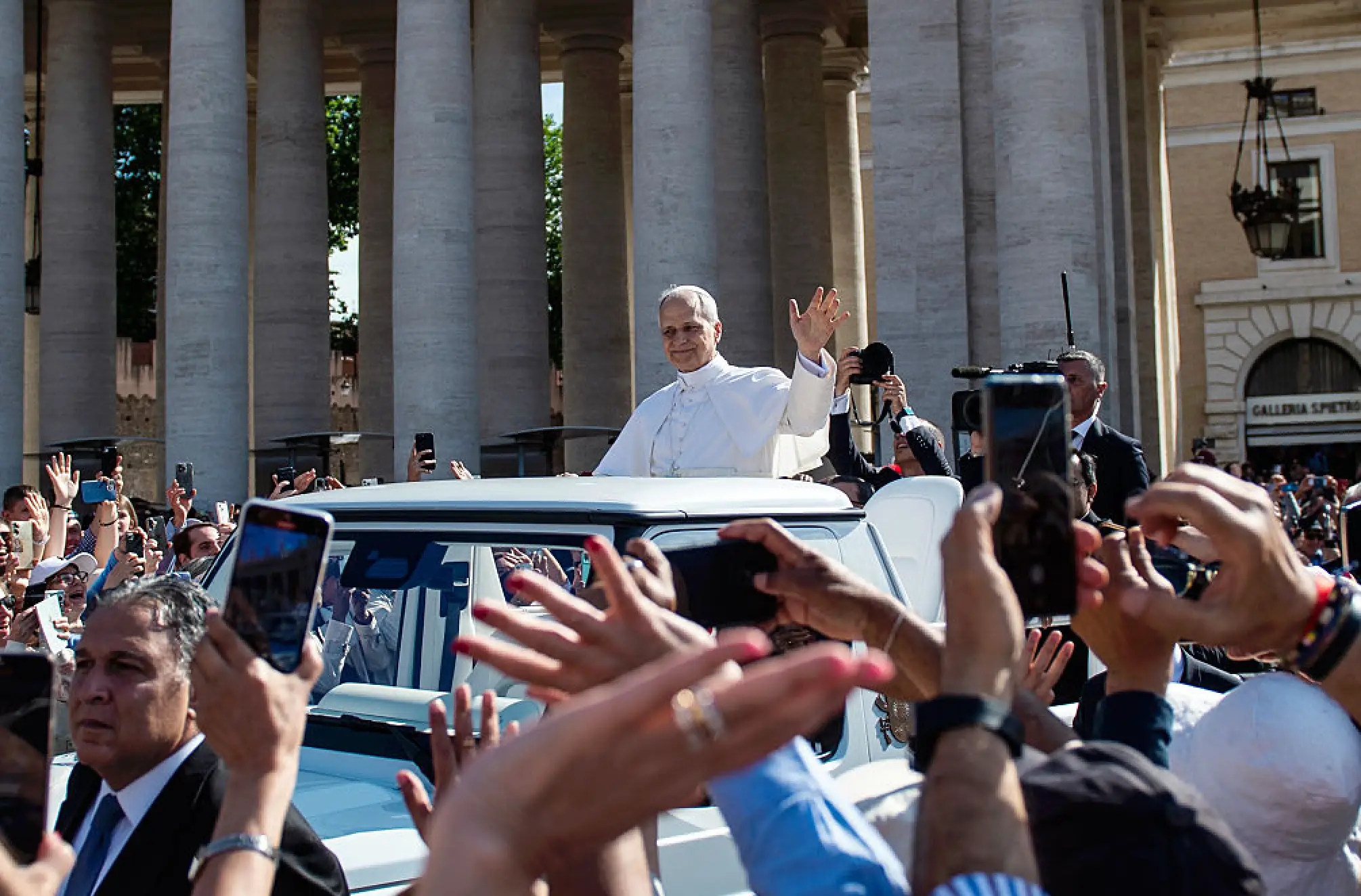 Pope Leo took to the popemobile for the first time today ahead of his inauguration (Ivan Romano/Getty Images)