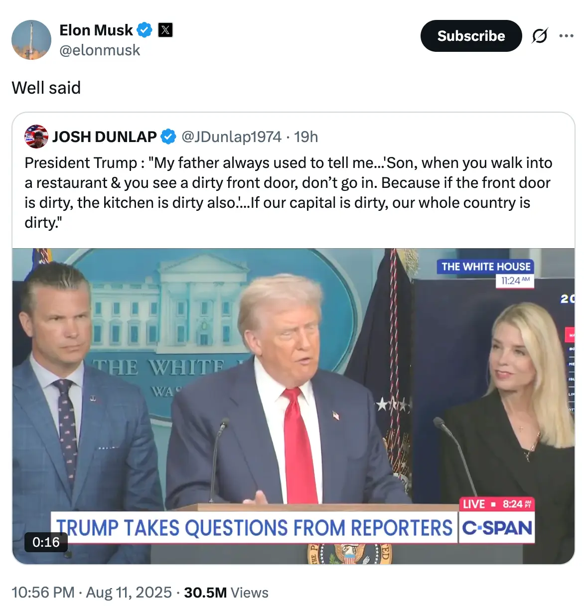 Musk seems to once again be showing Trump his support (X)