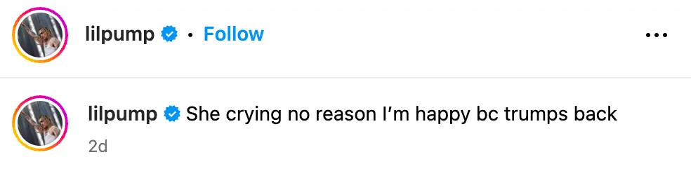 The rapper said he was 'happy' Trump was back in office (Instagram/@lilpump)