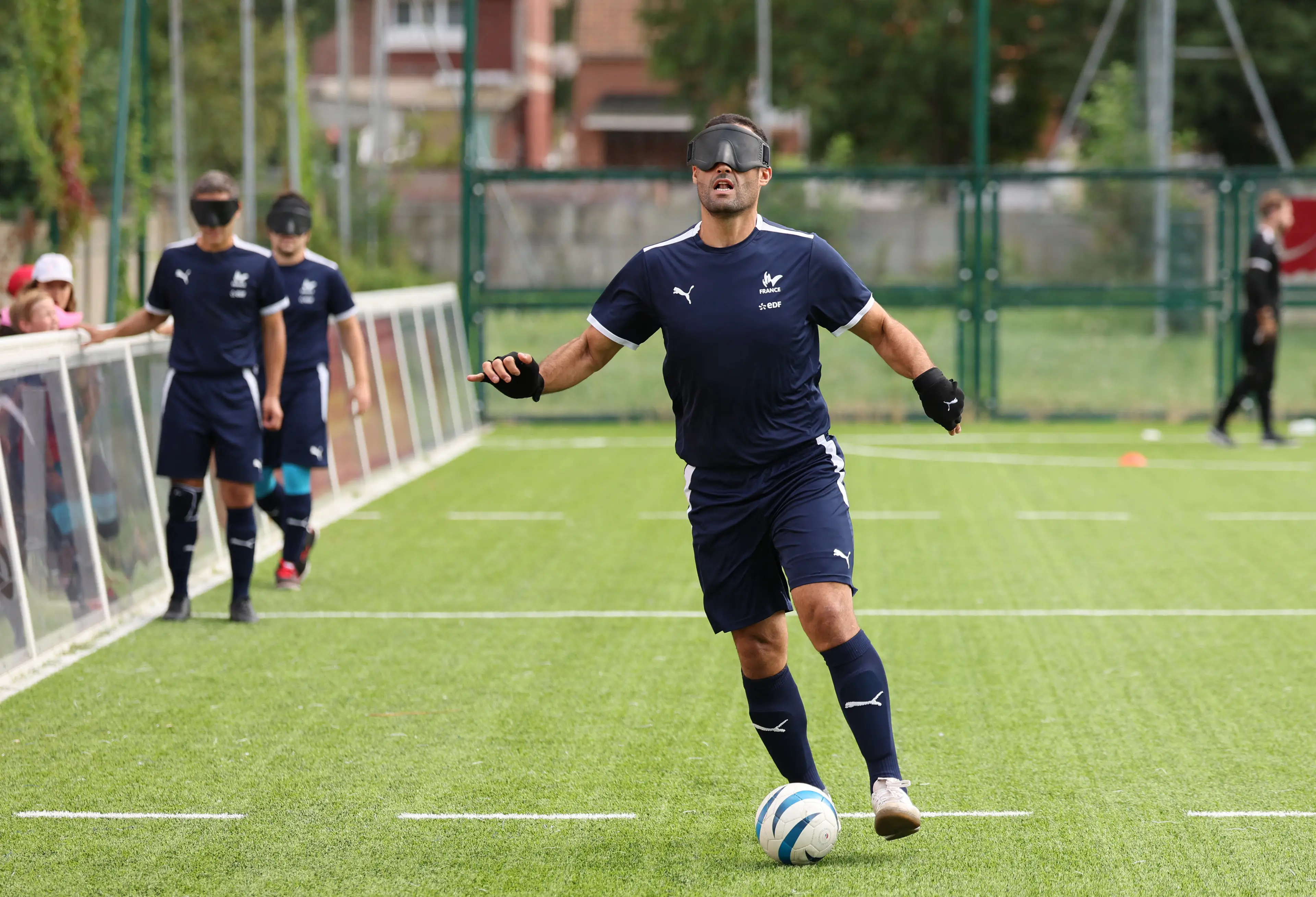 Paralympic football players must wear eye masks while playing. (FRANCOIS LO PRESTI/AFP via Getty Images)