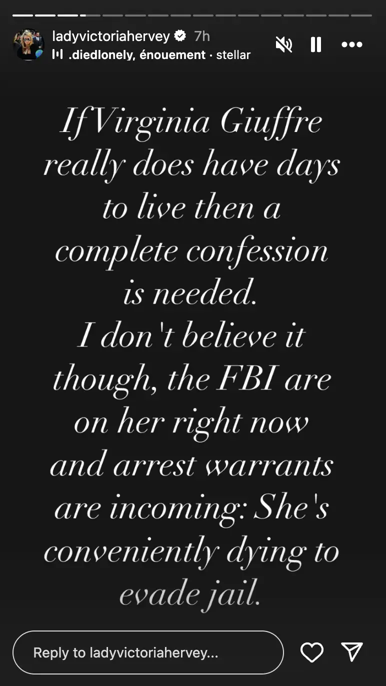 Hervey launched a scathing attack against Virginia Guiffre who recently claimed she was given just 'four days' left to live (Instagram/@ladyvictoriahervey)