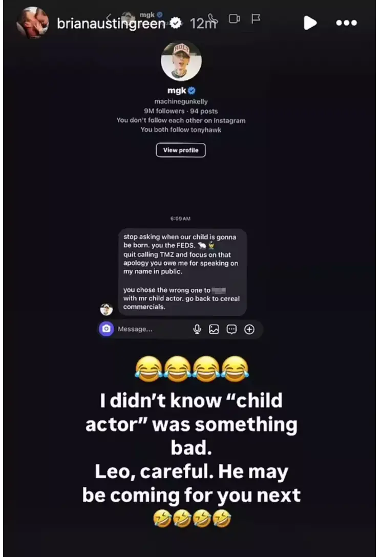 Brain Austin Green shared a DM he allegedly received from Machine Gun Kelly (Instagram/@brianaustingreen)