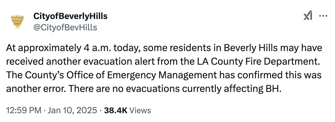 The City of Beverly Hills has since shared a statement on the major error (X/@CityofBevHills)