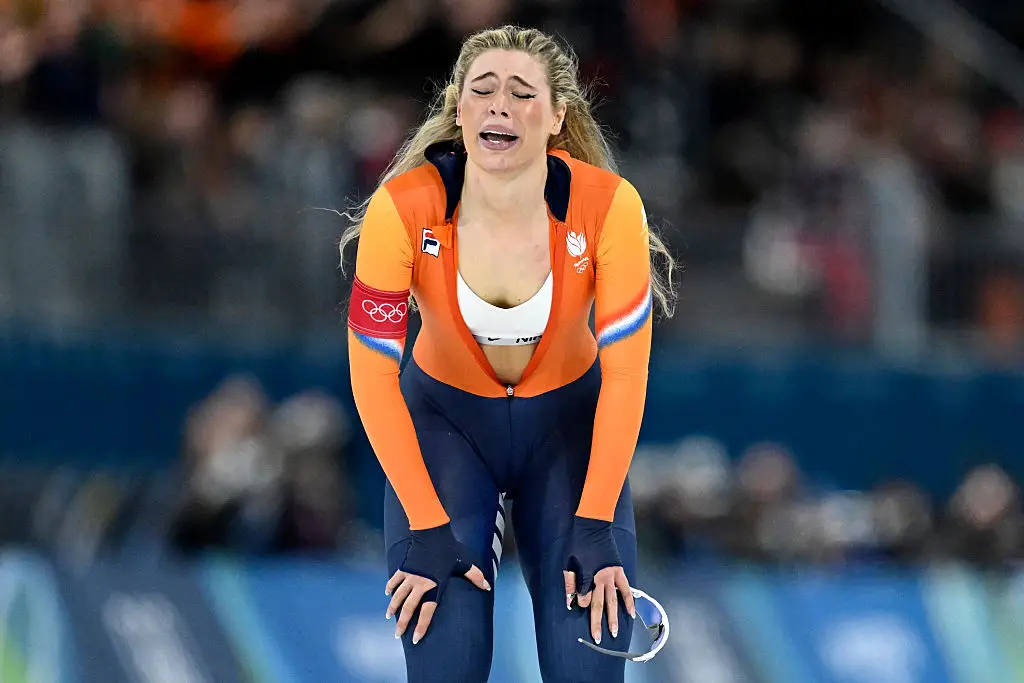 Jutta Leerdam was emotional as she won a gold medal in women's 1,000m speed skating (WANG Zhao / AFP via Getty Images)