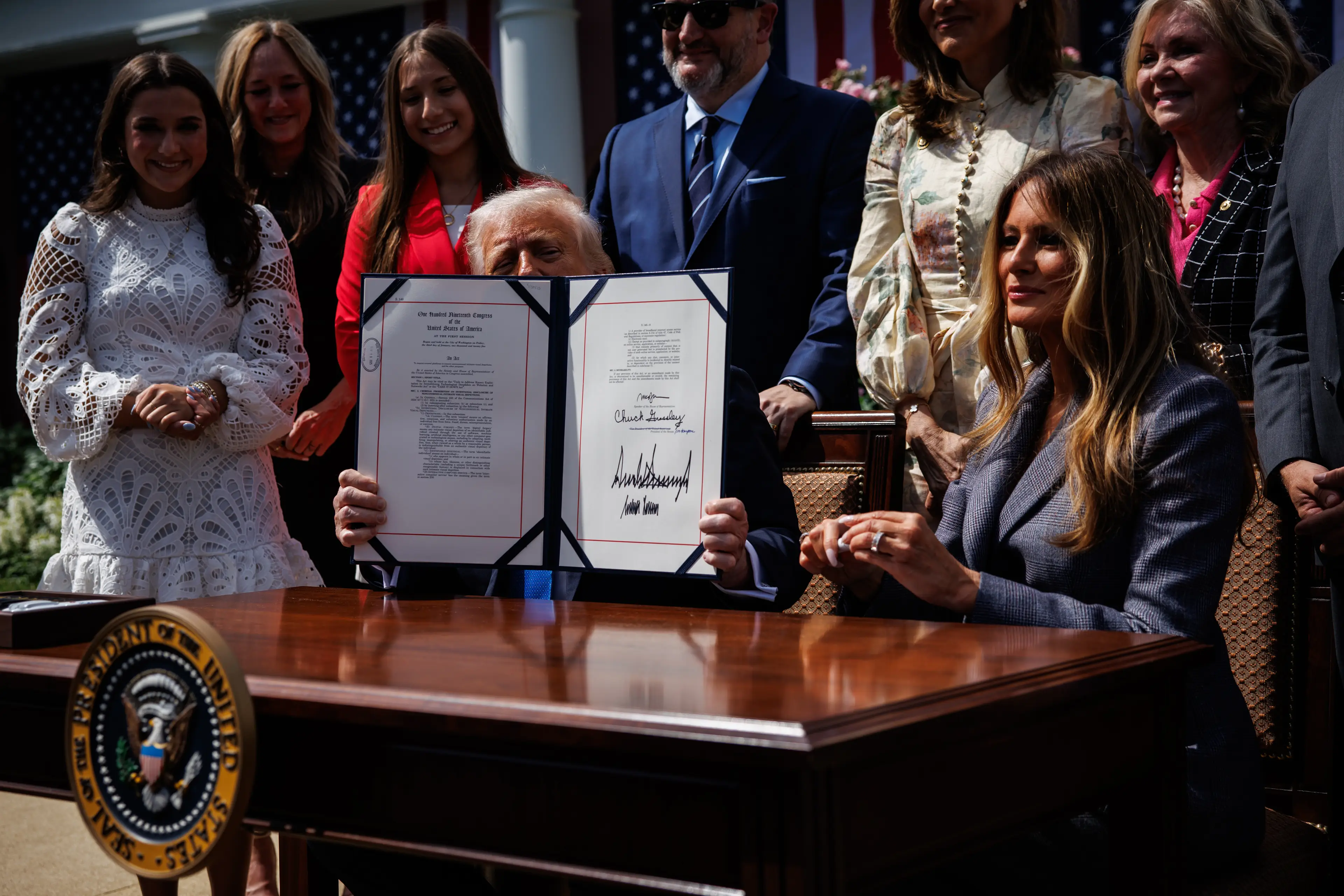 Melania Trump added her signature to the Take It Down Act back in May - something which was a first lady first (Samuel Corum/Bloomberg via Getty Images)
