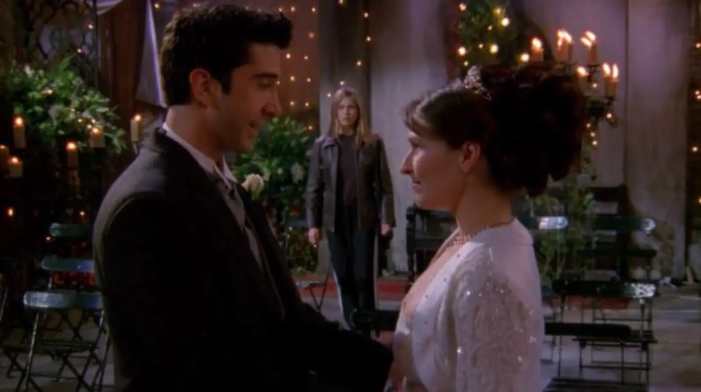 The iconic love triangle of Ross, Rachel and Emily. (Warner Bros)