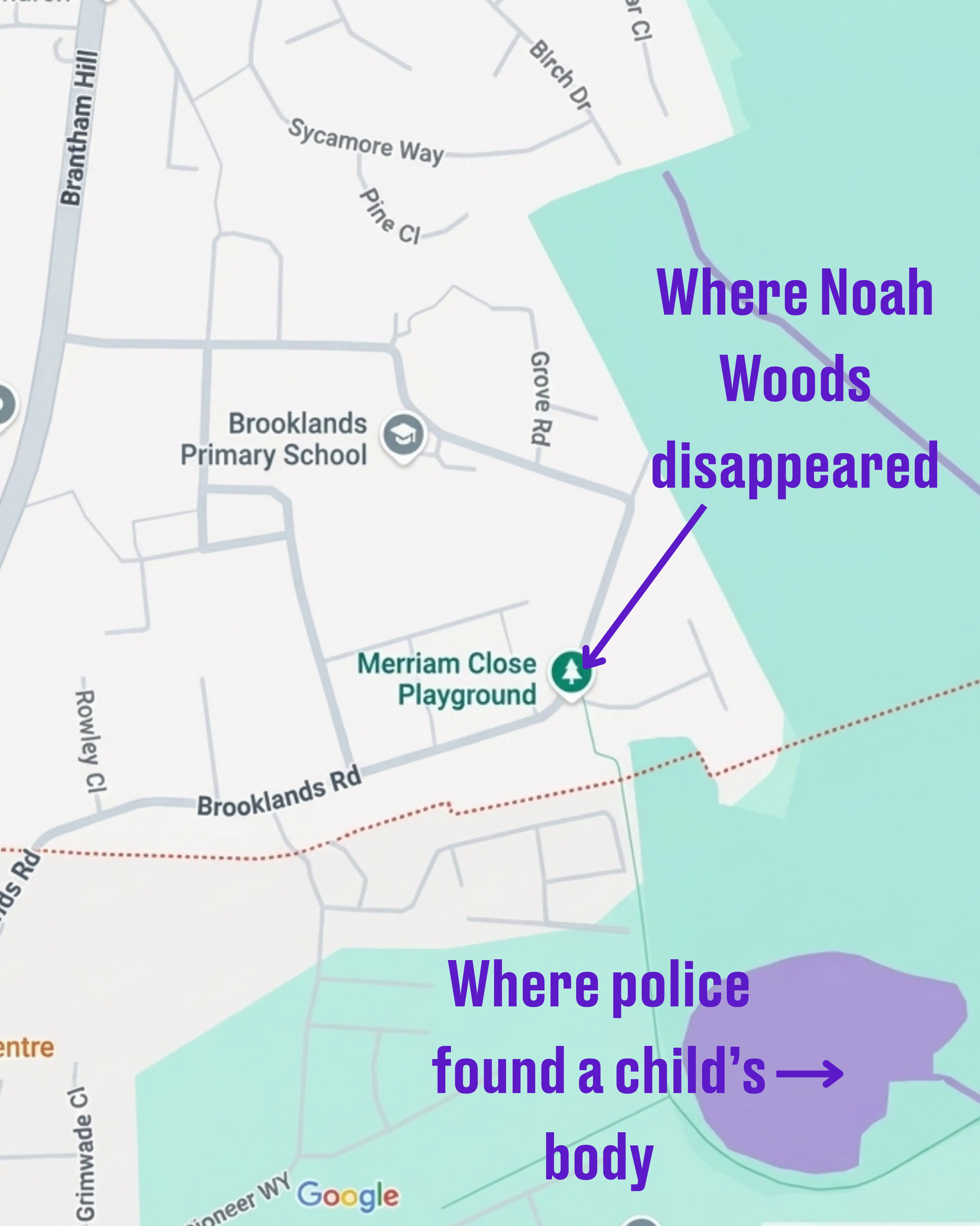 A map of where Noah Woods disappeared and where a body was found (Tyla/Google Maps)