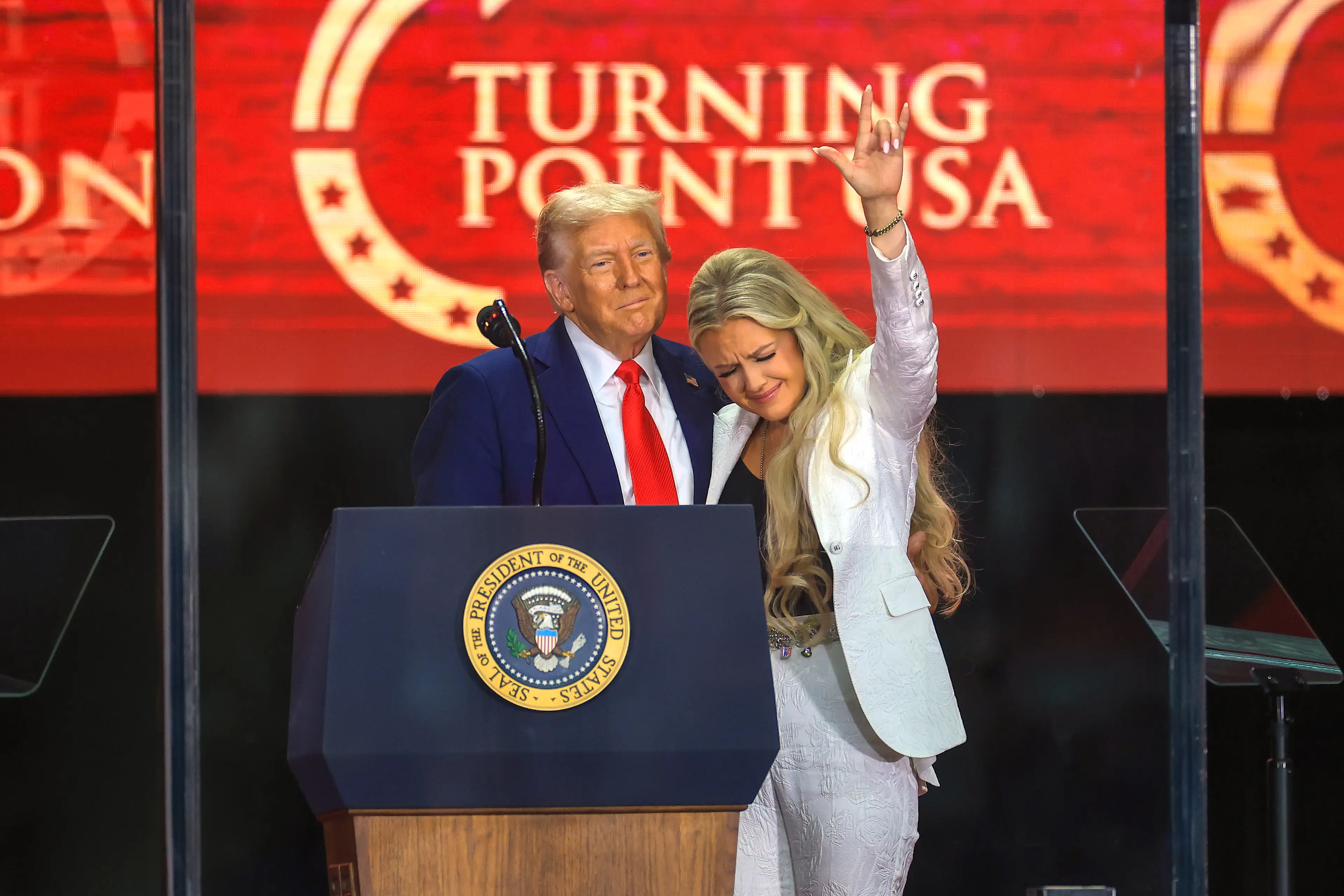 Many critics noticed that neither Donald Trump or Charlie Kirk's widow Erika were wearing black (Joe Raedle/Getty Images)