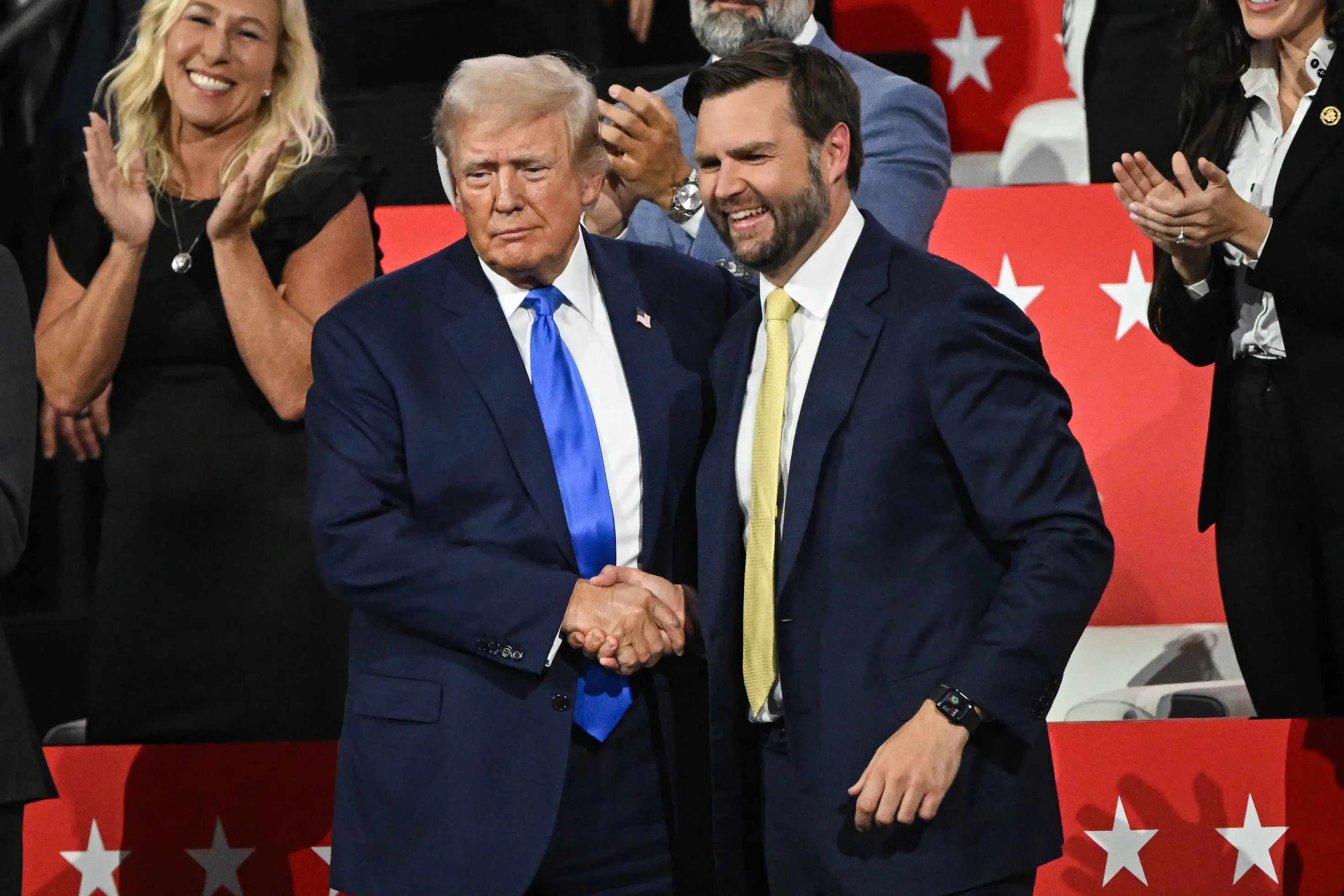 Trump refused to say whether he favoured Vance or Rubio but said he has been 'studying' them (Leon Neal/Getty Images)