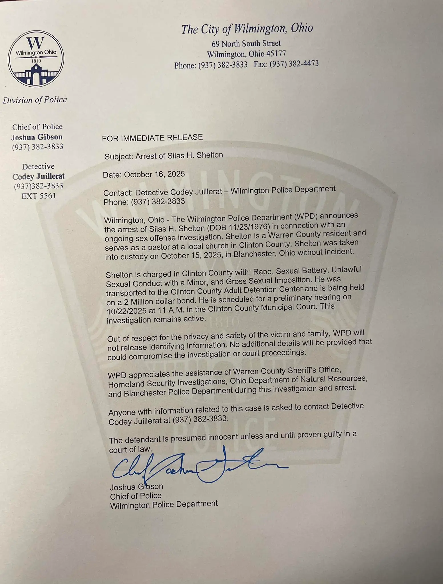 Shelton was held on a $2 million bond in a Clinton County jail (Wilmington Police Department)