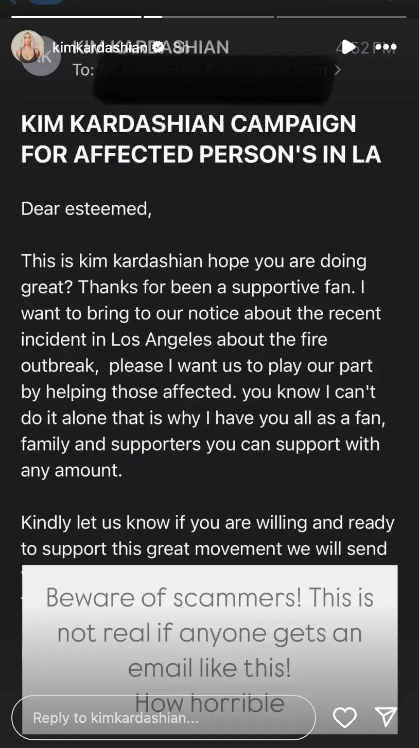 Kim Kardashian took to Instagram to warn over 'horrible' scammes (Instagram/@kimkardashian)