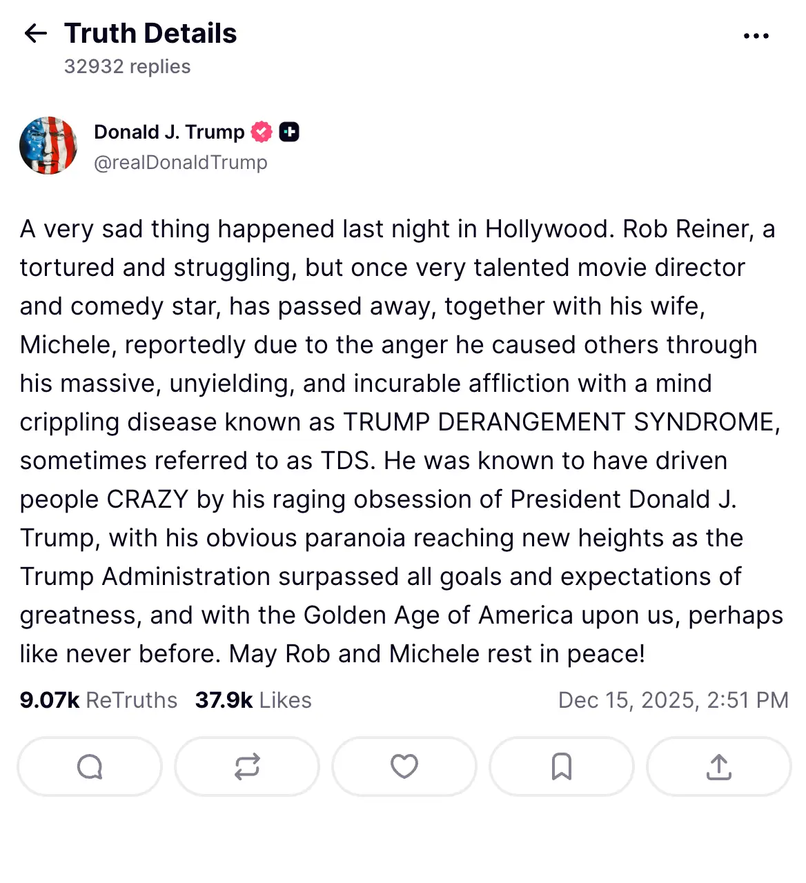 Donald Trump was slammed for his response to the news (Truth Social)