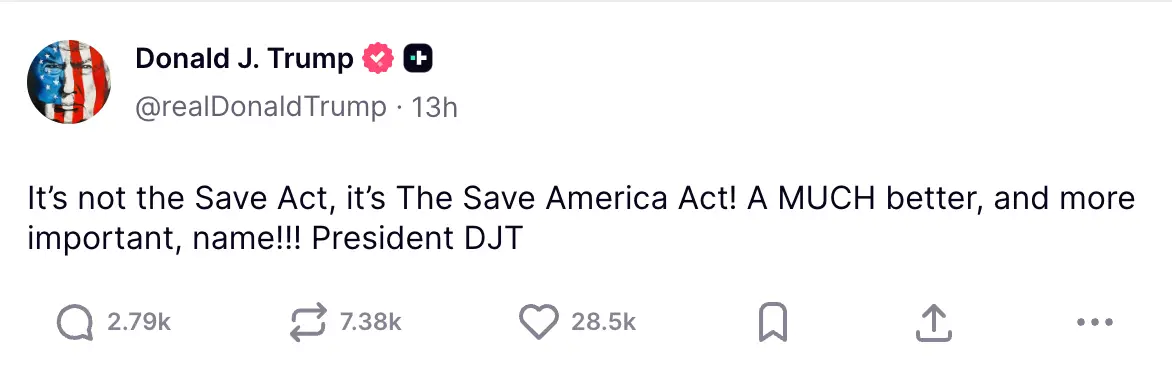 Trump also made clear he would reject a 'watered down' version of the bill (Truth Social/@realDonaldTrump)