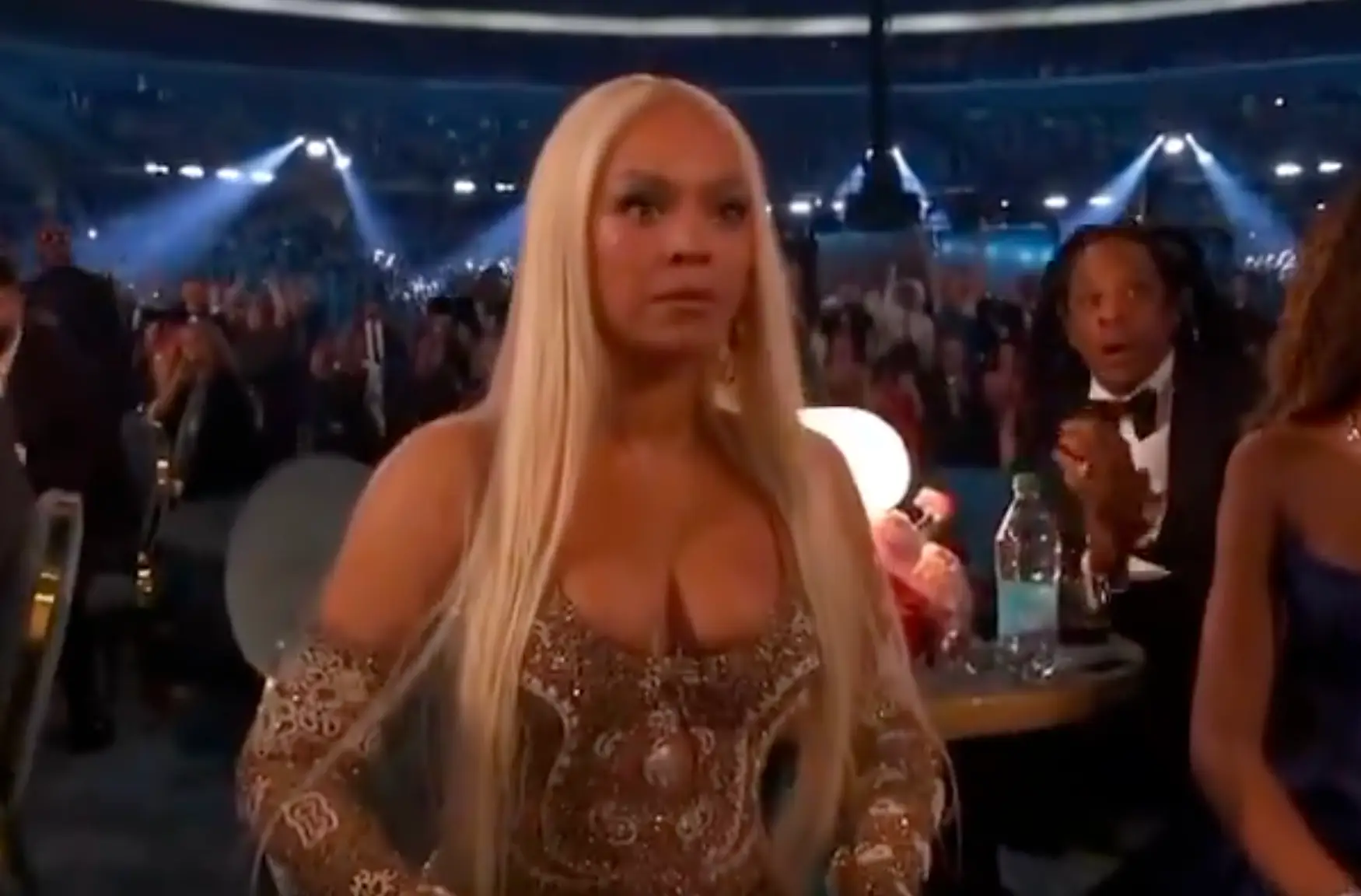 Bey looked shocked as she scooped three big awards last night (Paramount)