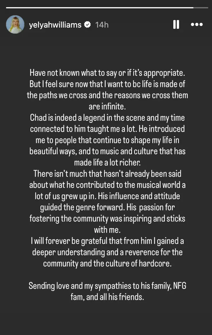 Williams shared the statement to social media yesterday (Instagram/@yelyahwilliams)