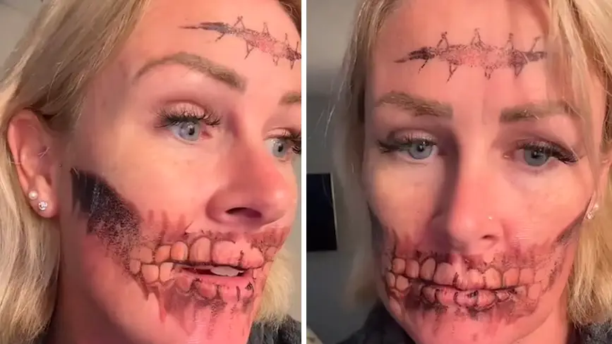 Woman left horrified after 'temporary' Halloween face tattoo wouldn't wash off