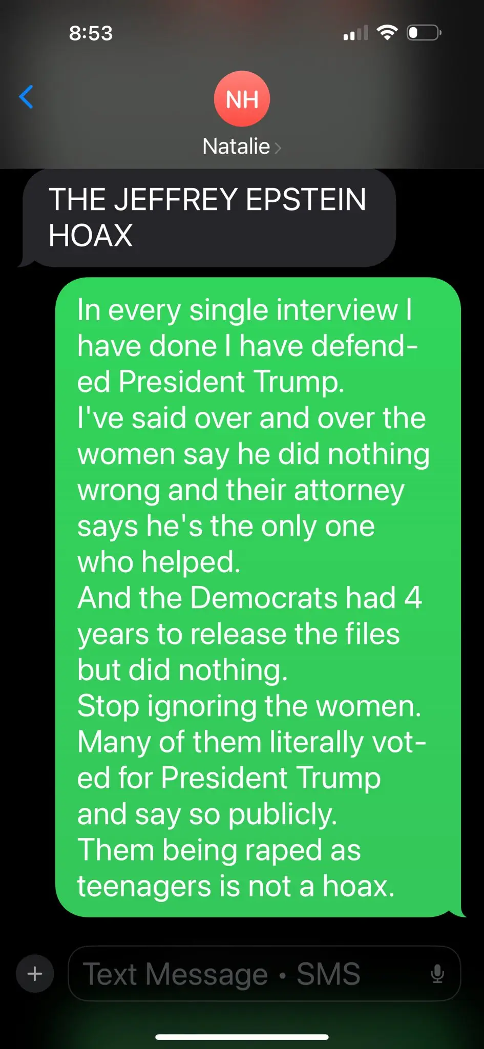 The second texts were to a contact called Natalie with the initials NH (X/@@RepMTG)