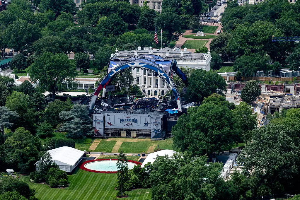 Trump also commissioned a huge UFC ring to be built outside the White House as part of the celebrations (Daniel Heuer/Bloomberg via Getty Images)