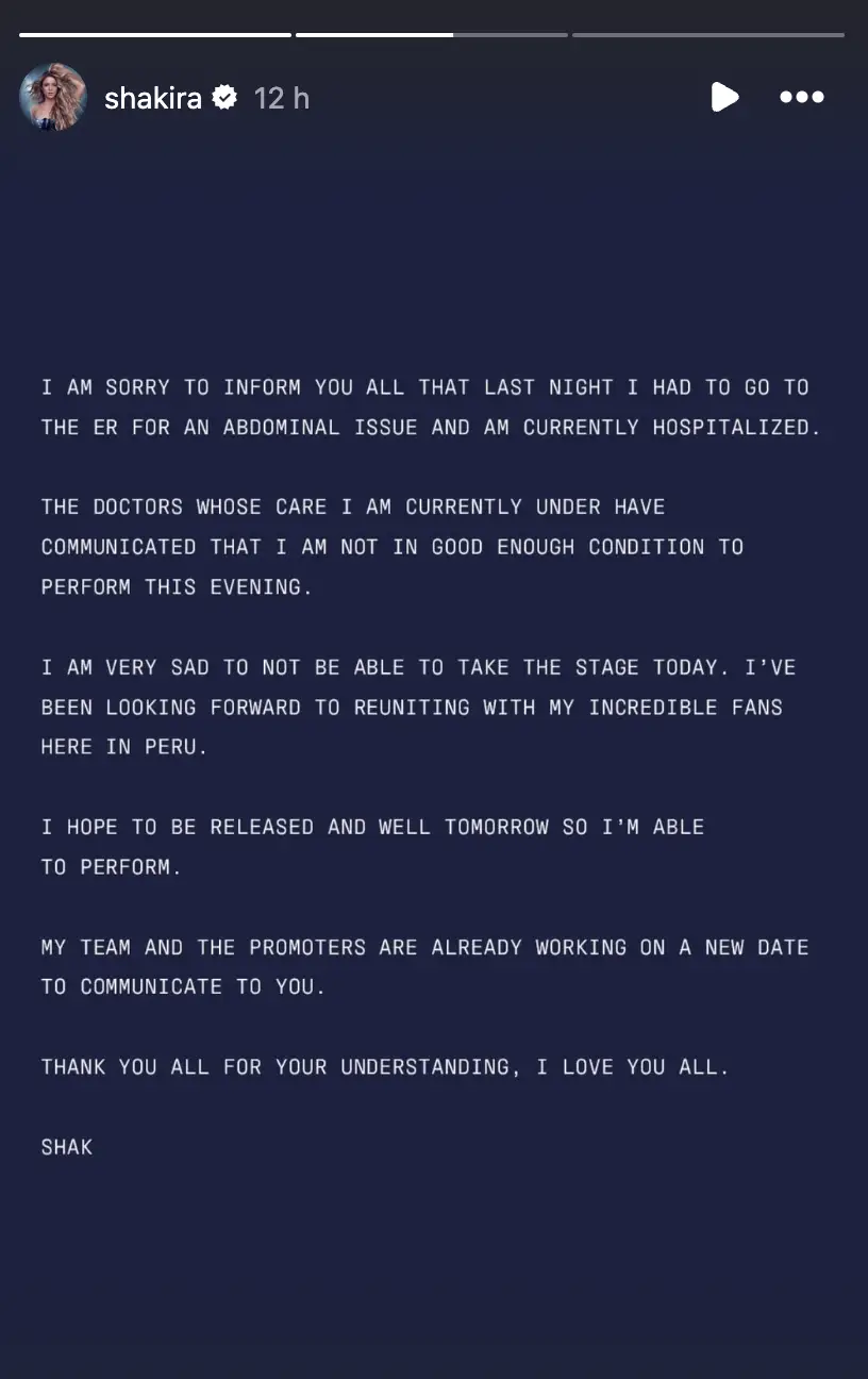 The singer issued a statement on Instagram, apologising to fans (Instagram/@shakira)