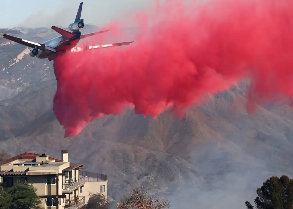 Phos-Chek being dropped during the Palisades fire (Mario Tama/Getty Images)