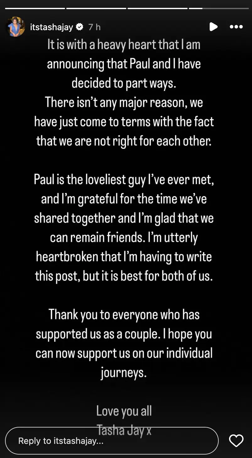 Tasha announced the unfortunate news on Instagram today (Instagram/@itstashajay)