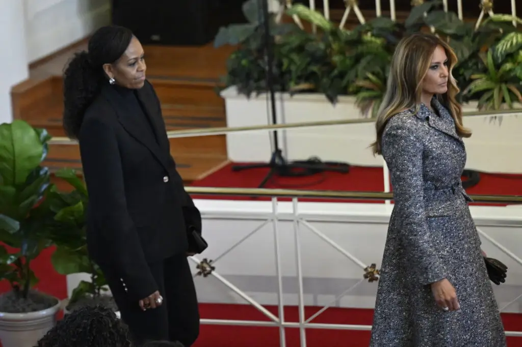 Michelle Obama & Melania Trump arrive at a tribute service for former US first lady Rosalynn Carter (ANDREW CABALLERO-REYNOLDS/POOL/AFP via Getty Images)