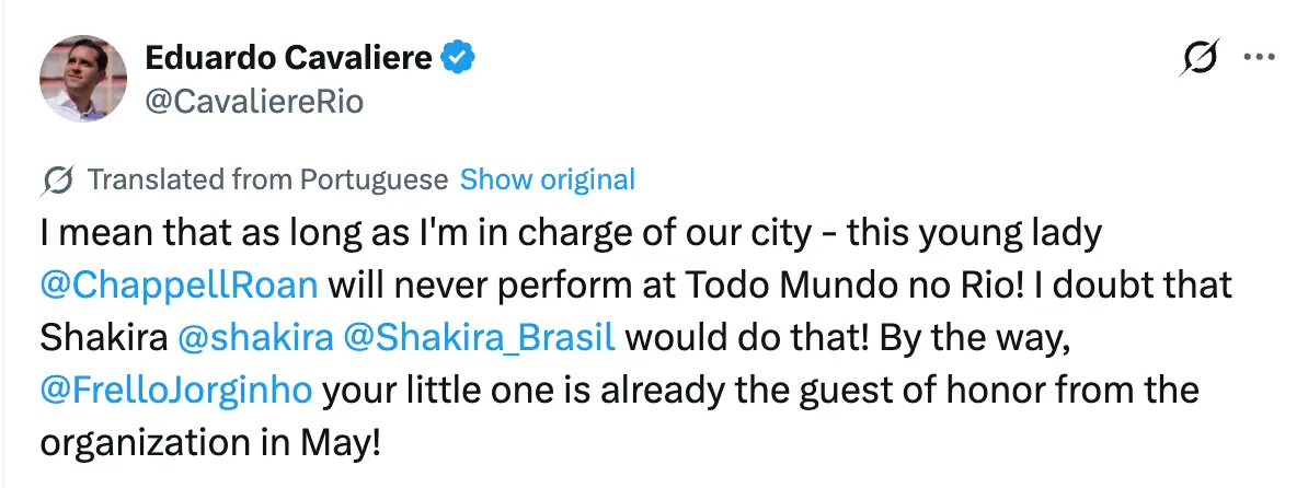Mayor of Rio de Janeiro Eduardo Cavaliere declared Roan will 'never perform' there 'as long as he's in charge' (X@CavaliereRio)