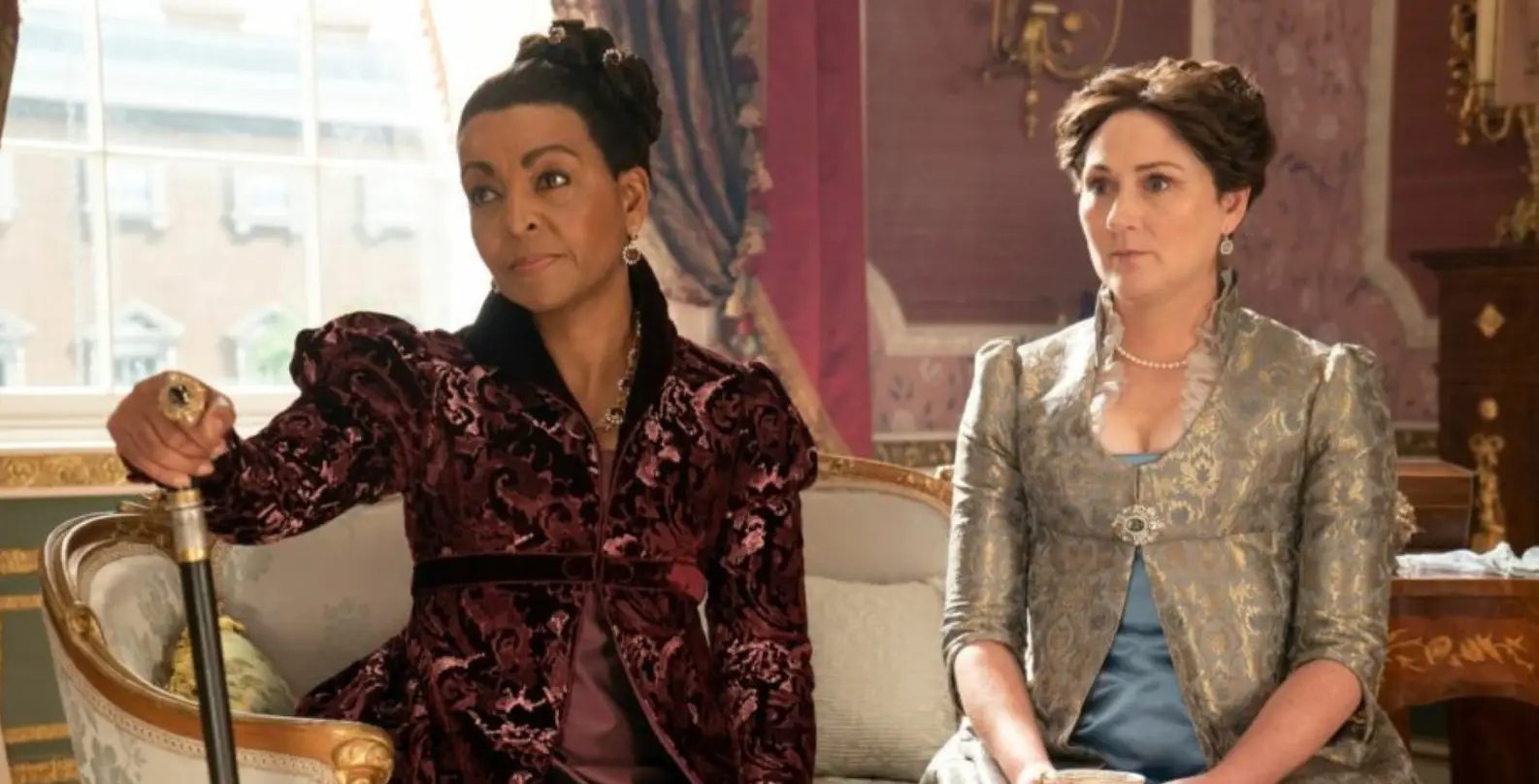 Lady Danbury's cane is often used to make a point, but it could also be used for authority. (Netflix)