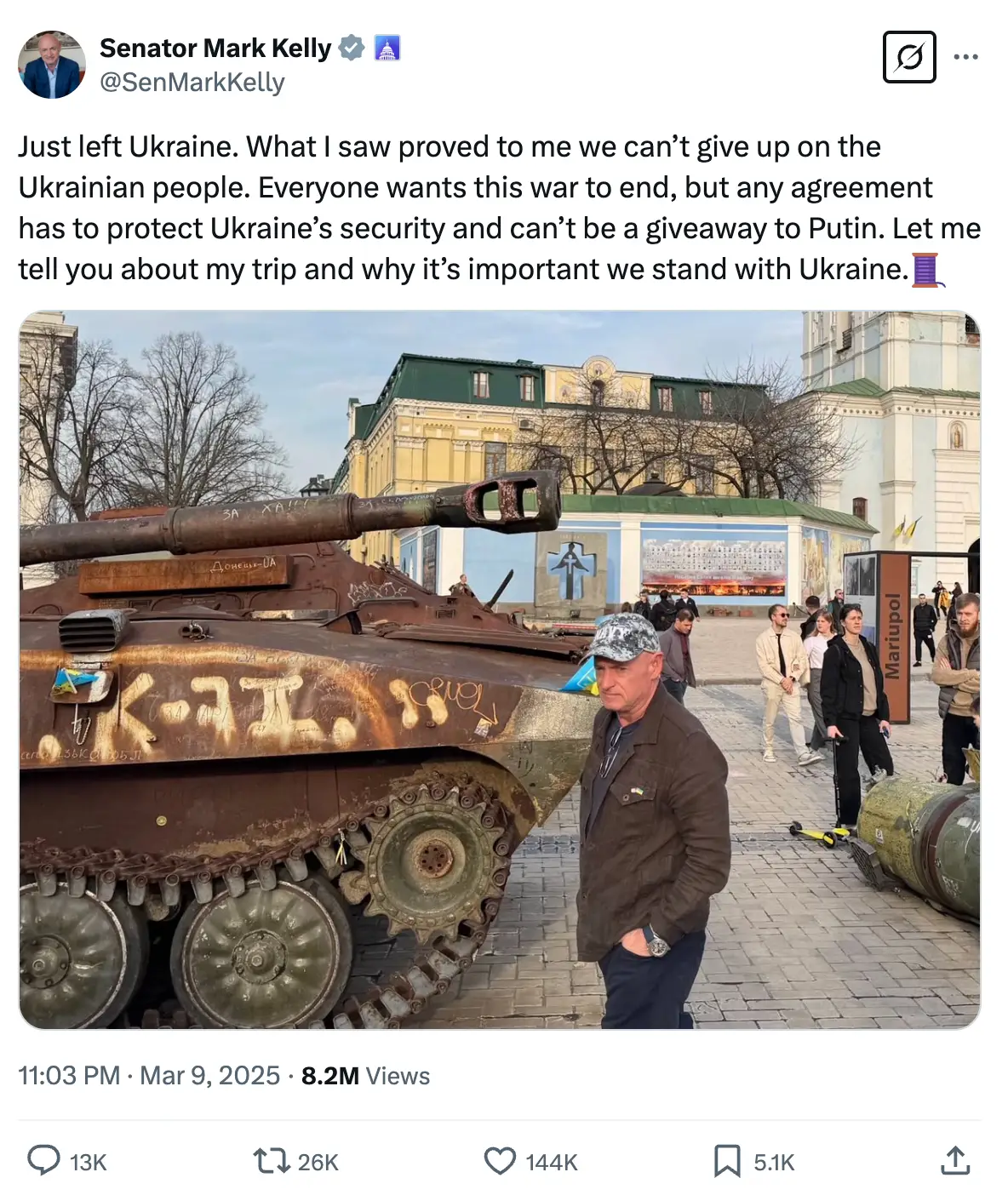 Kelly hit back at Musk's comments about him visiting Ukraine (SenMarkKelly/X)