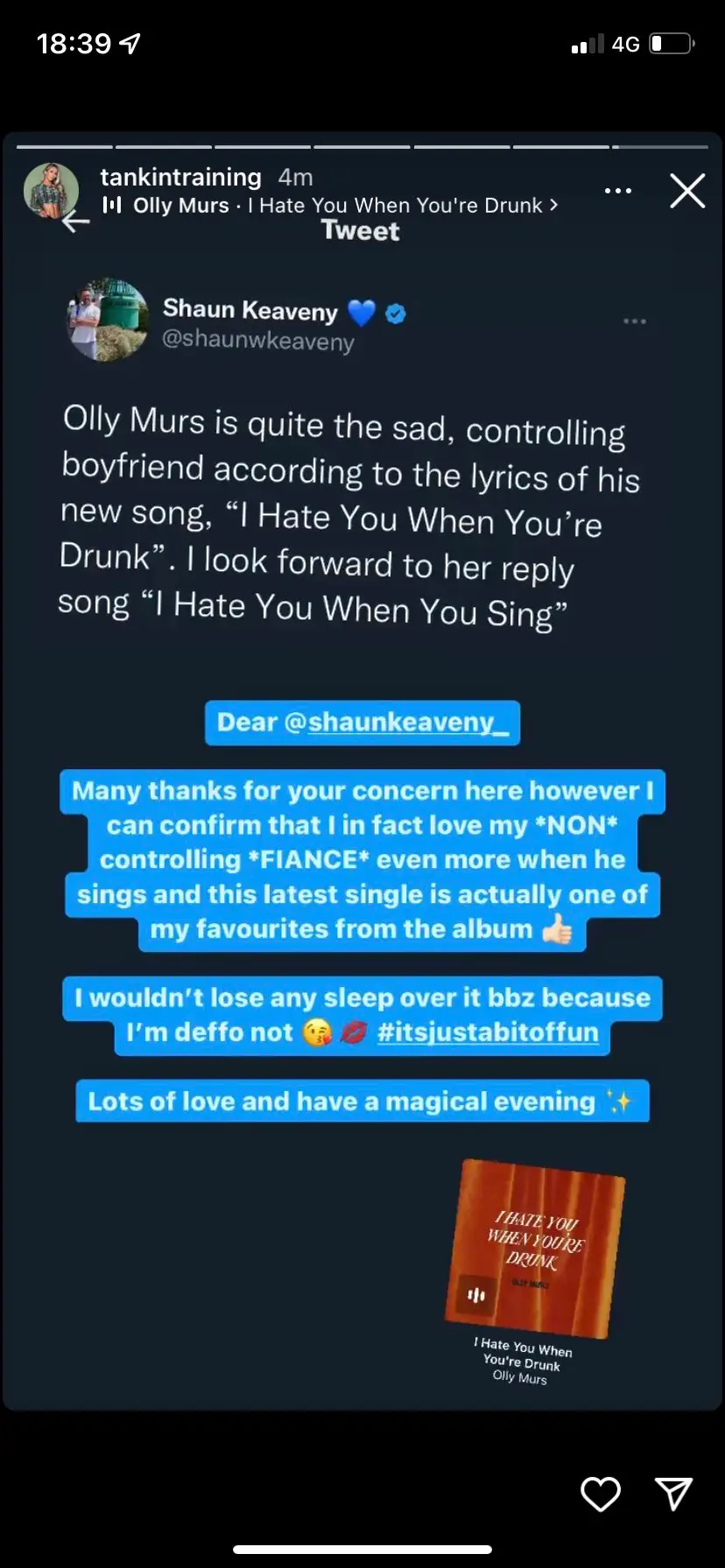 Olly Murs' fiancee defended him over backlash.