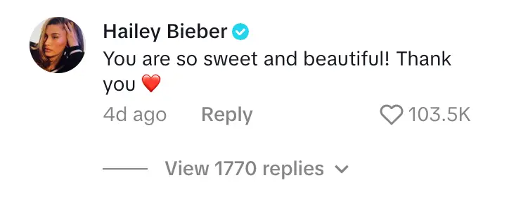 Hailey issued a message of thanks to a supportive fan who defended her following the resurfaced seven-part video (TikTok/@haileybieber)