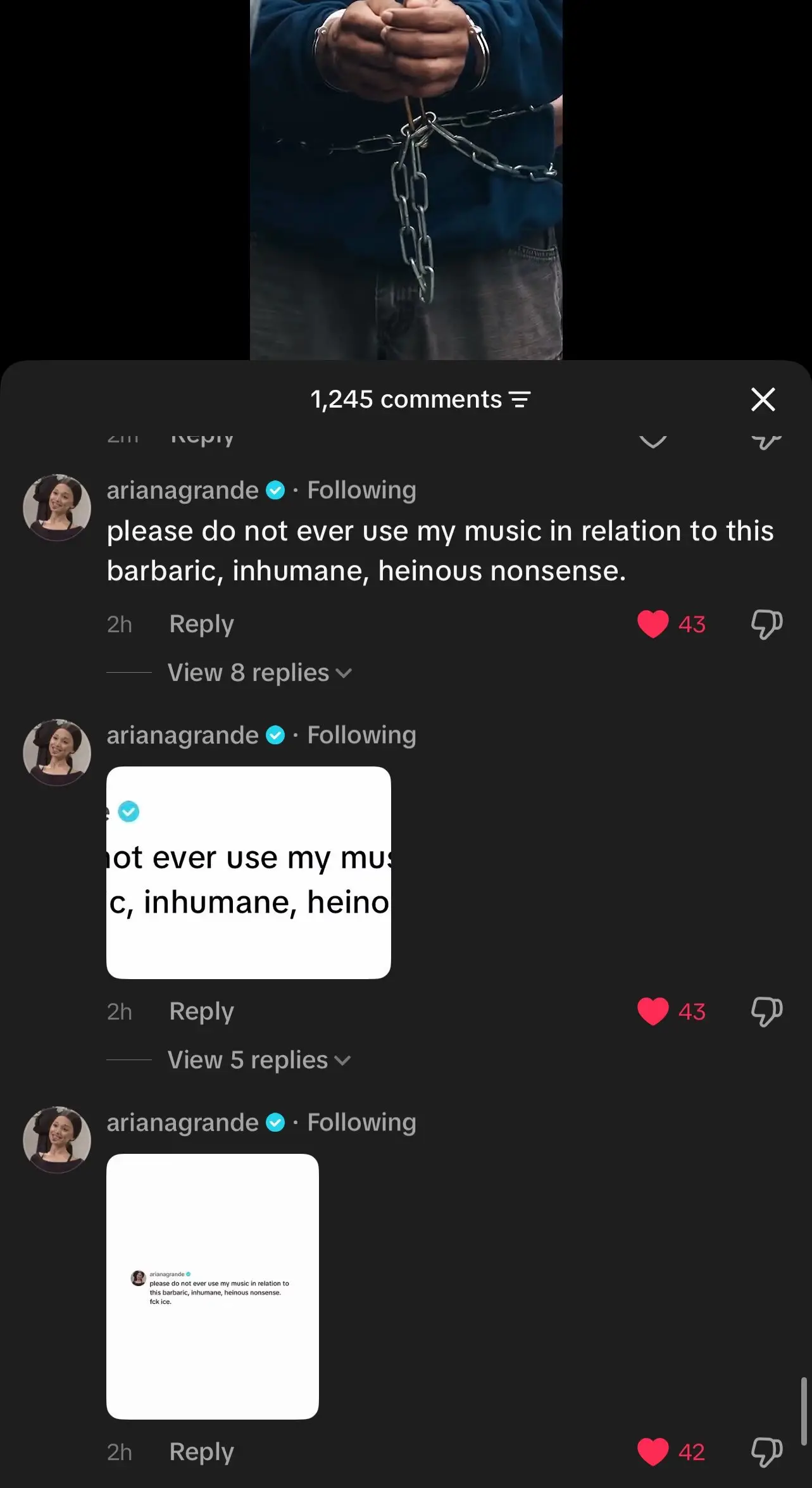Grande slammed the White House video for promoting its 'inhumane' and 'barbaric' immigration policies (TikTok/@arianagrande)