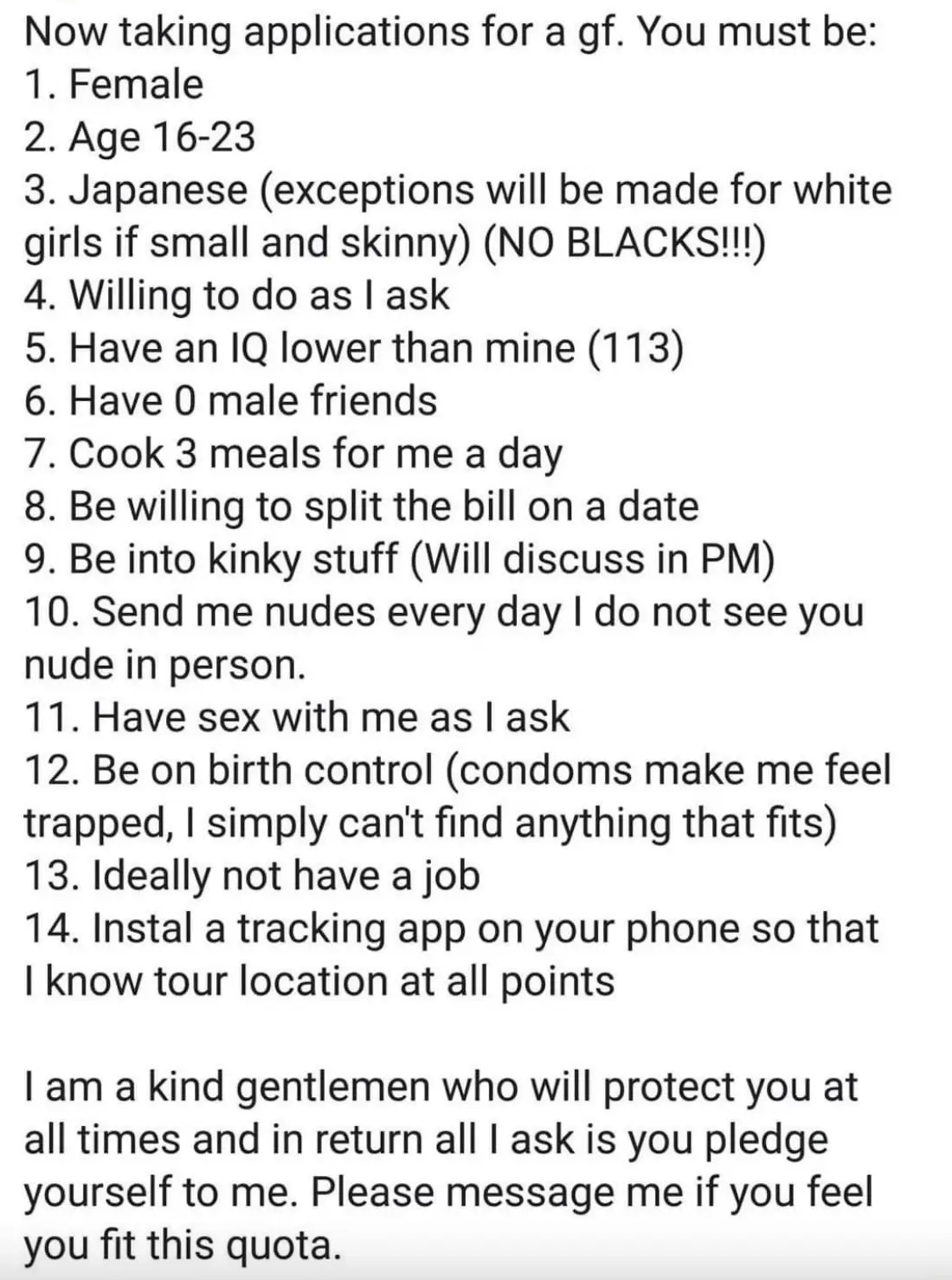 The girlfriend requirement list that's outraged Reddit.
