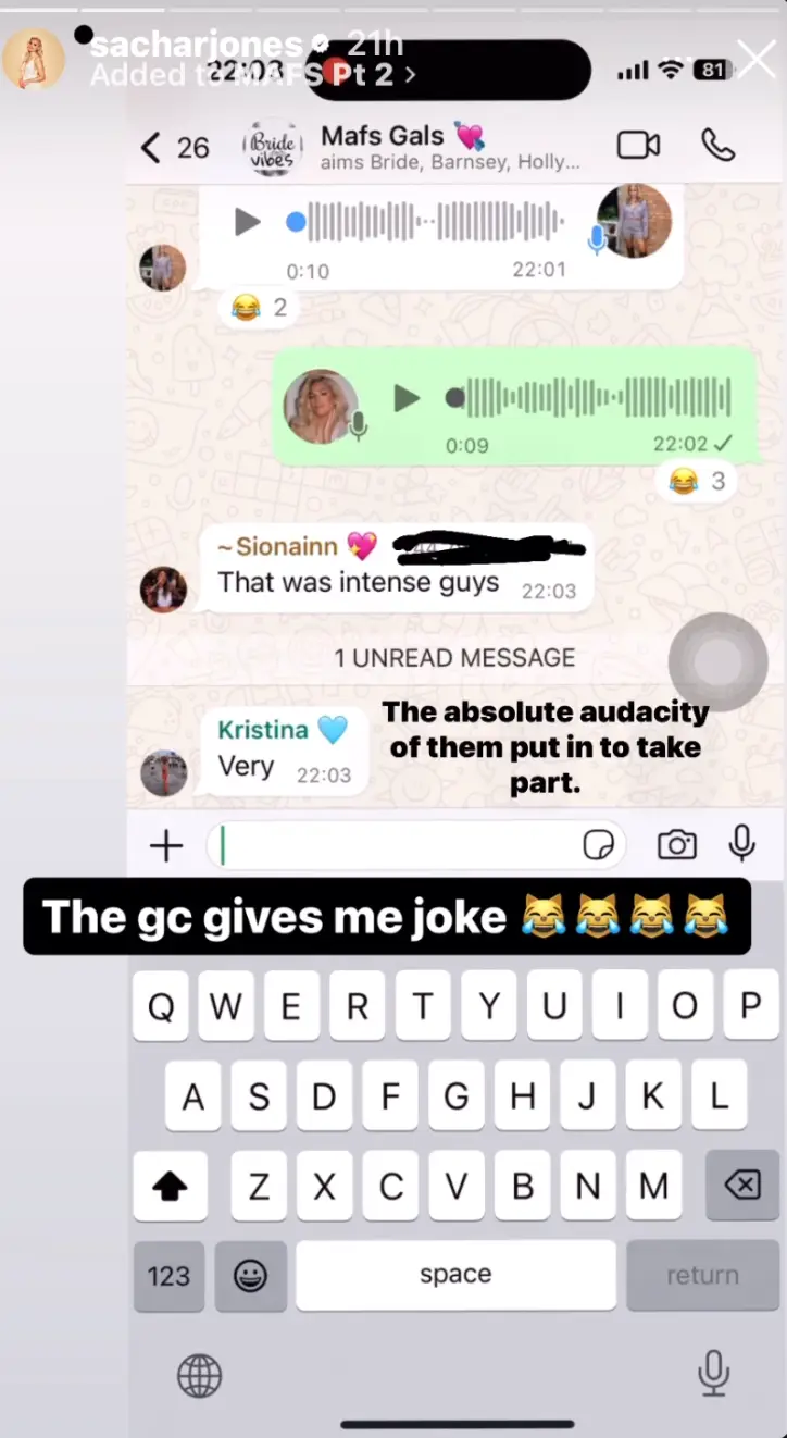 Sacha took to her Instagram Story to share the screen recording of the group chat (Instagram/@sacharjones)