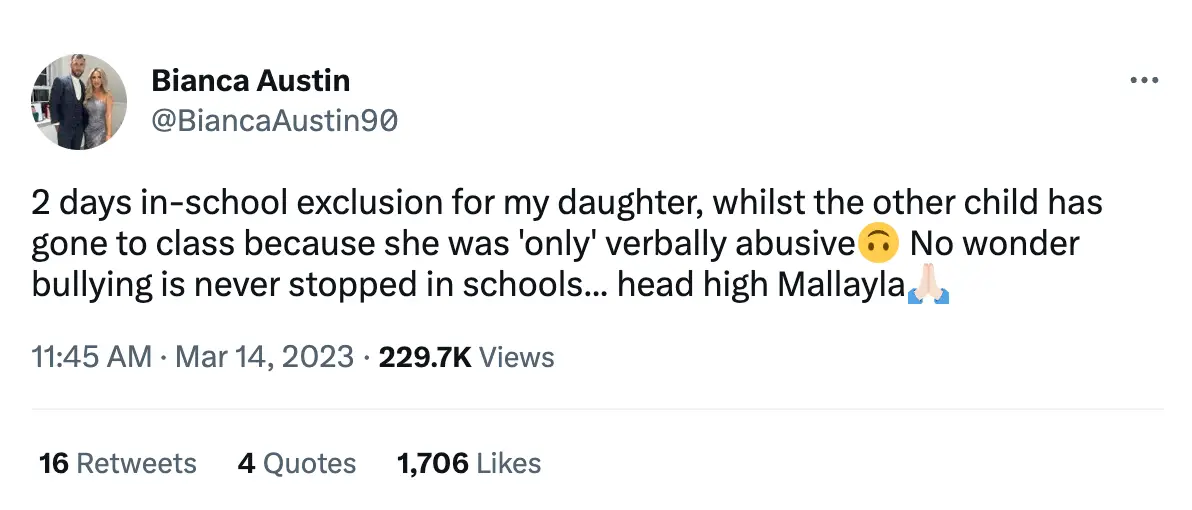 Her daughter received a punishment of two days exclusion.