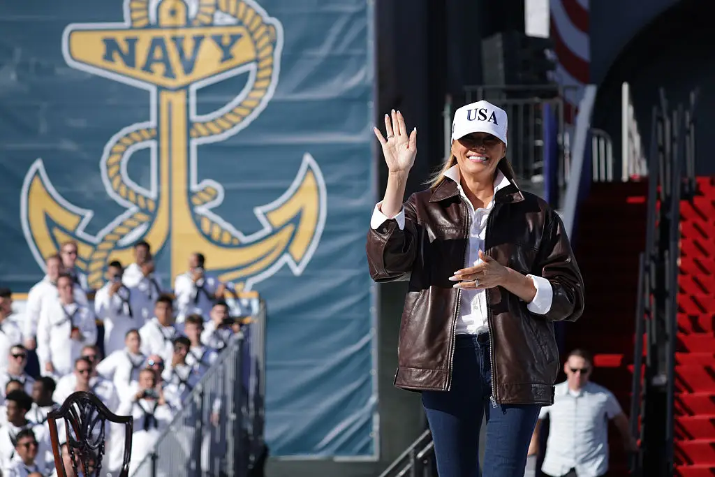 Melania greeted the crowd with a 'Hooyah!' as she took to the podium to deliver a speech (Alex Wong/Getty Images)