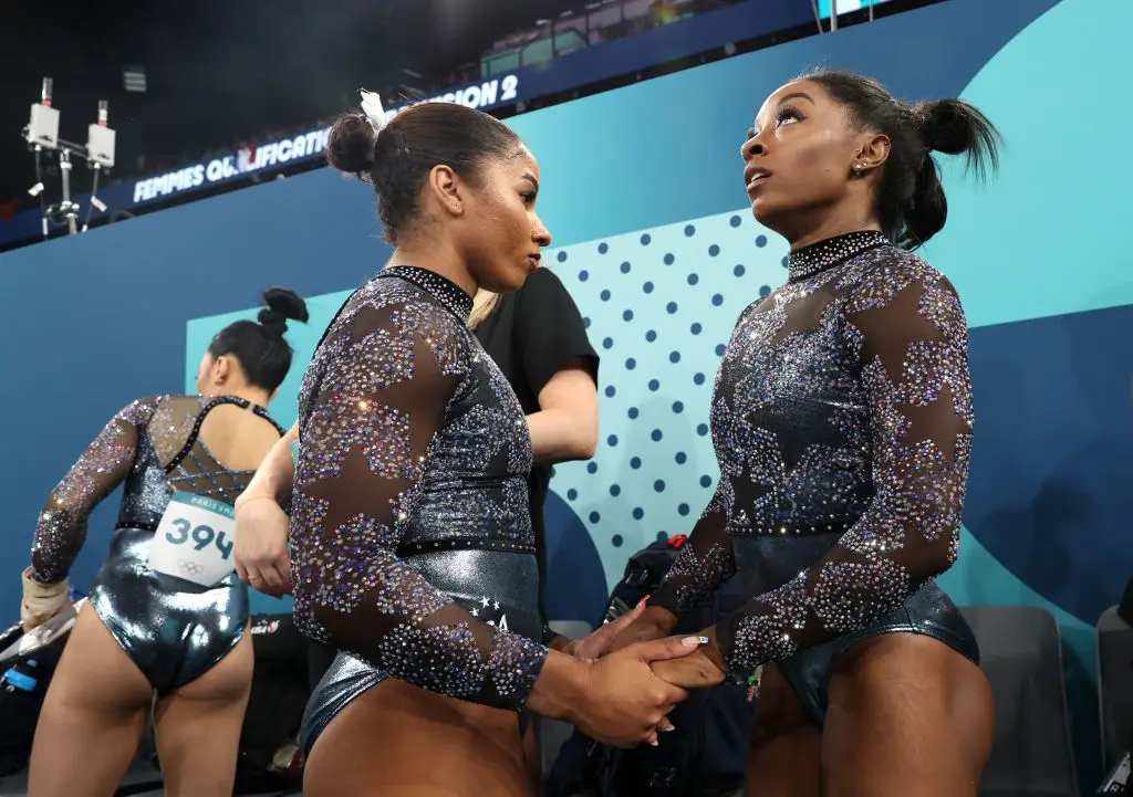 Jordan Chiles with teammate Simone Biles, who did secure a place in the final. (Jamie Squire/Getty Images)