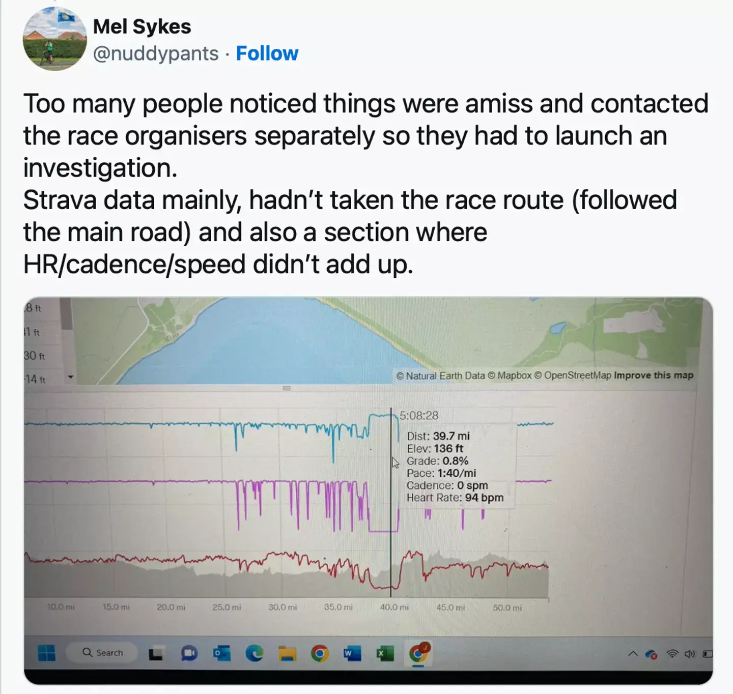 The runner's Strava data proved she'd cheated (Twitter/@nuddypants)
