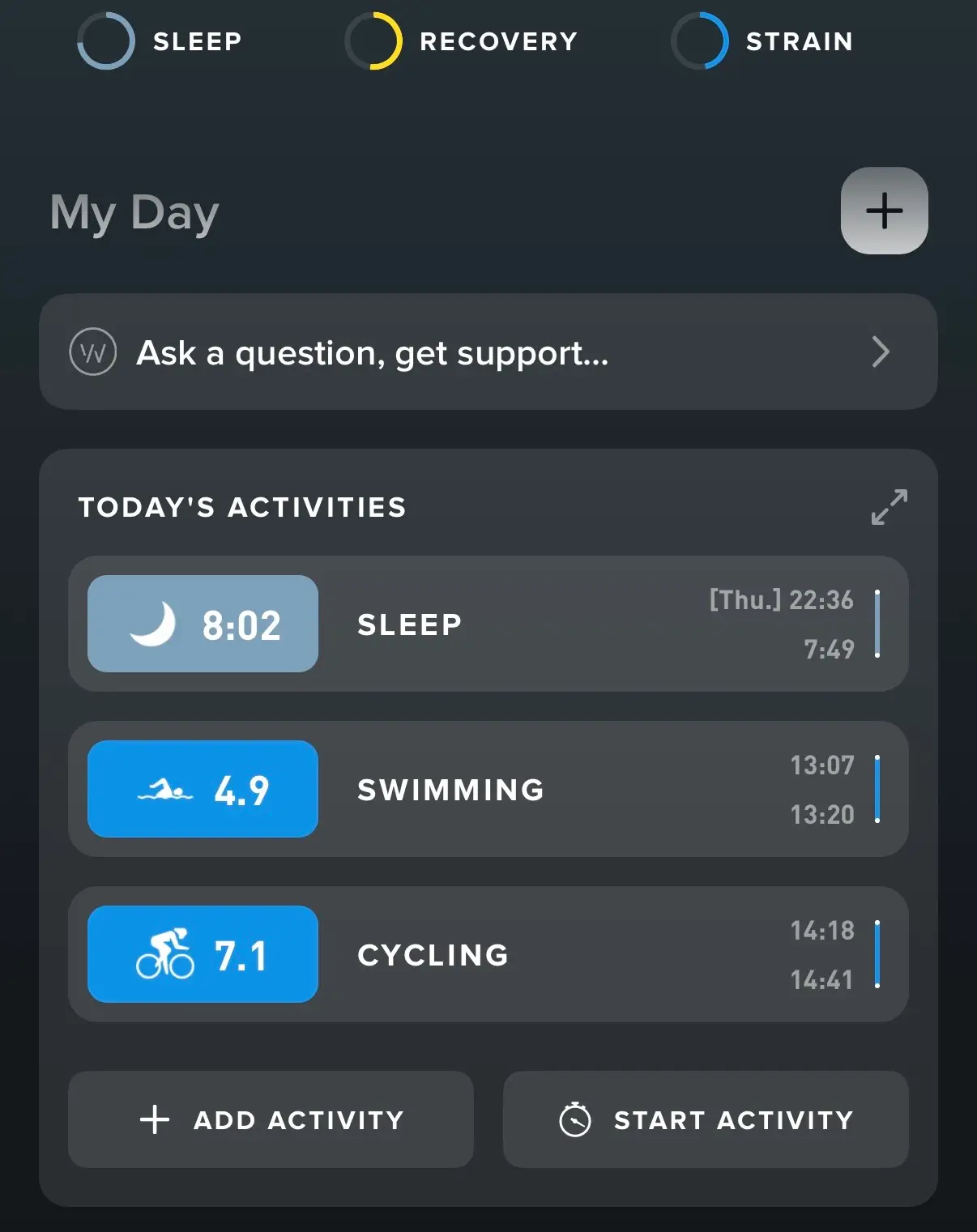 You can track exercises on the app from cycling to yoga and swimming