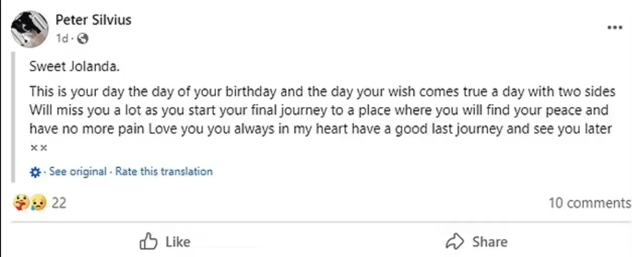 Jolanda's boyfriend posted a tribute to her on Facebook. (Facebook/Peter Silvius)