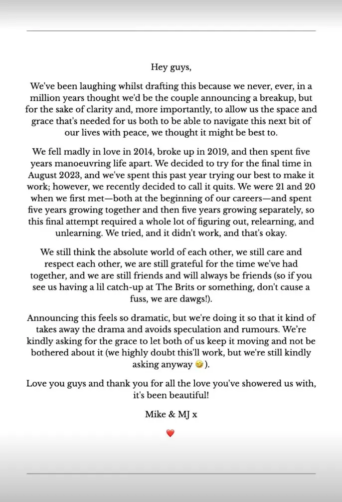 The couple shared a statement on social media (Instagram/@mayajama)