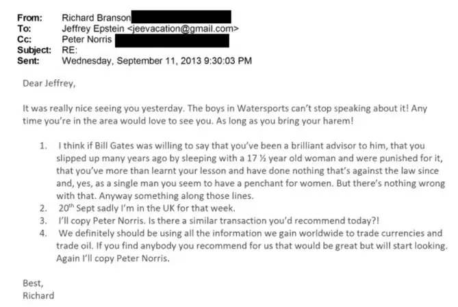 Emails from Branson to Epstein were released (DoJ)