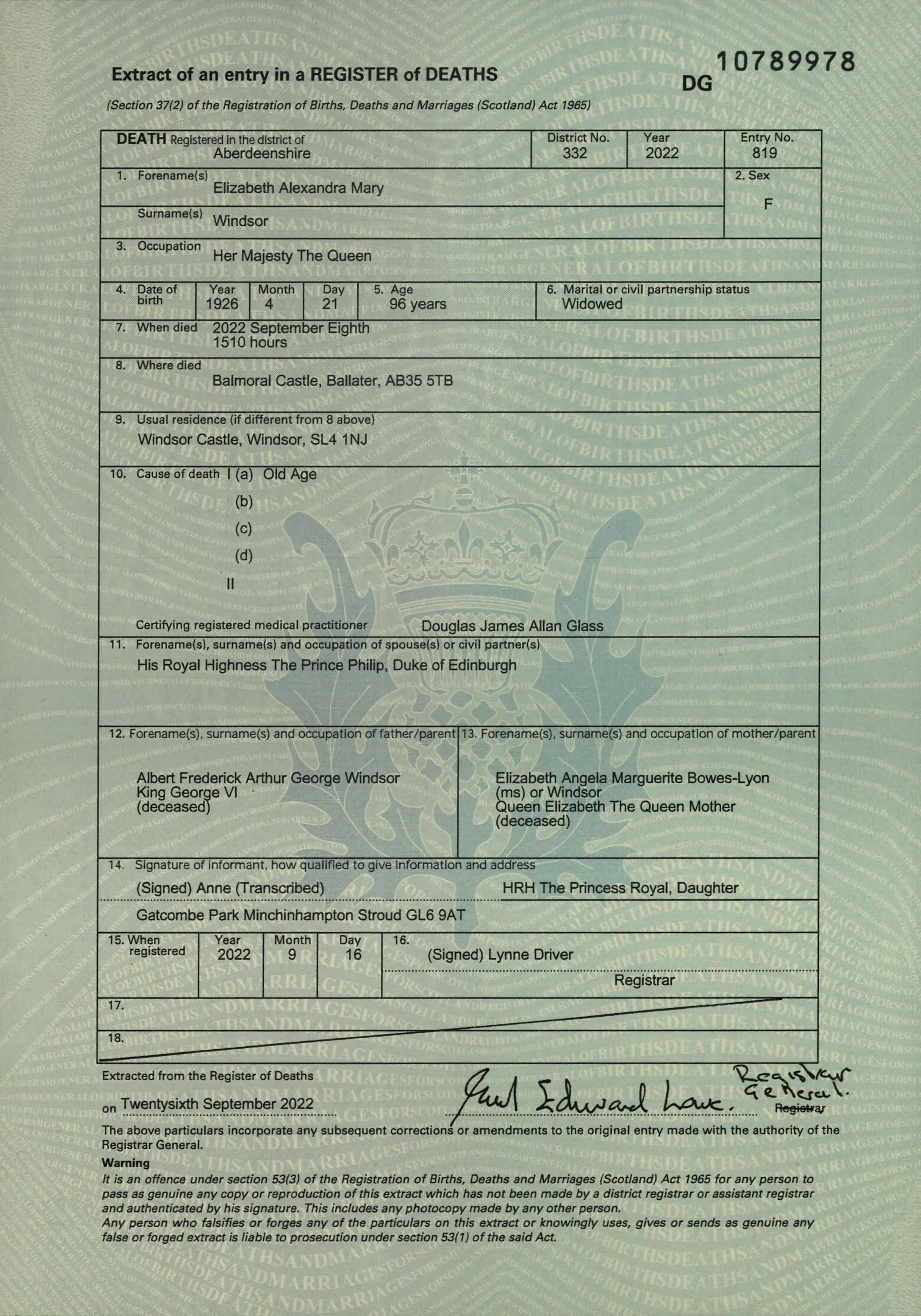 The late Queen's death certificate (National Records of Scotland)