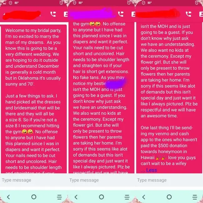 The text messages were shared by one of the bridesmaids on Reddit: