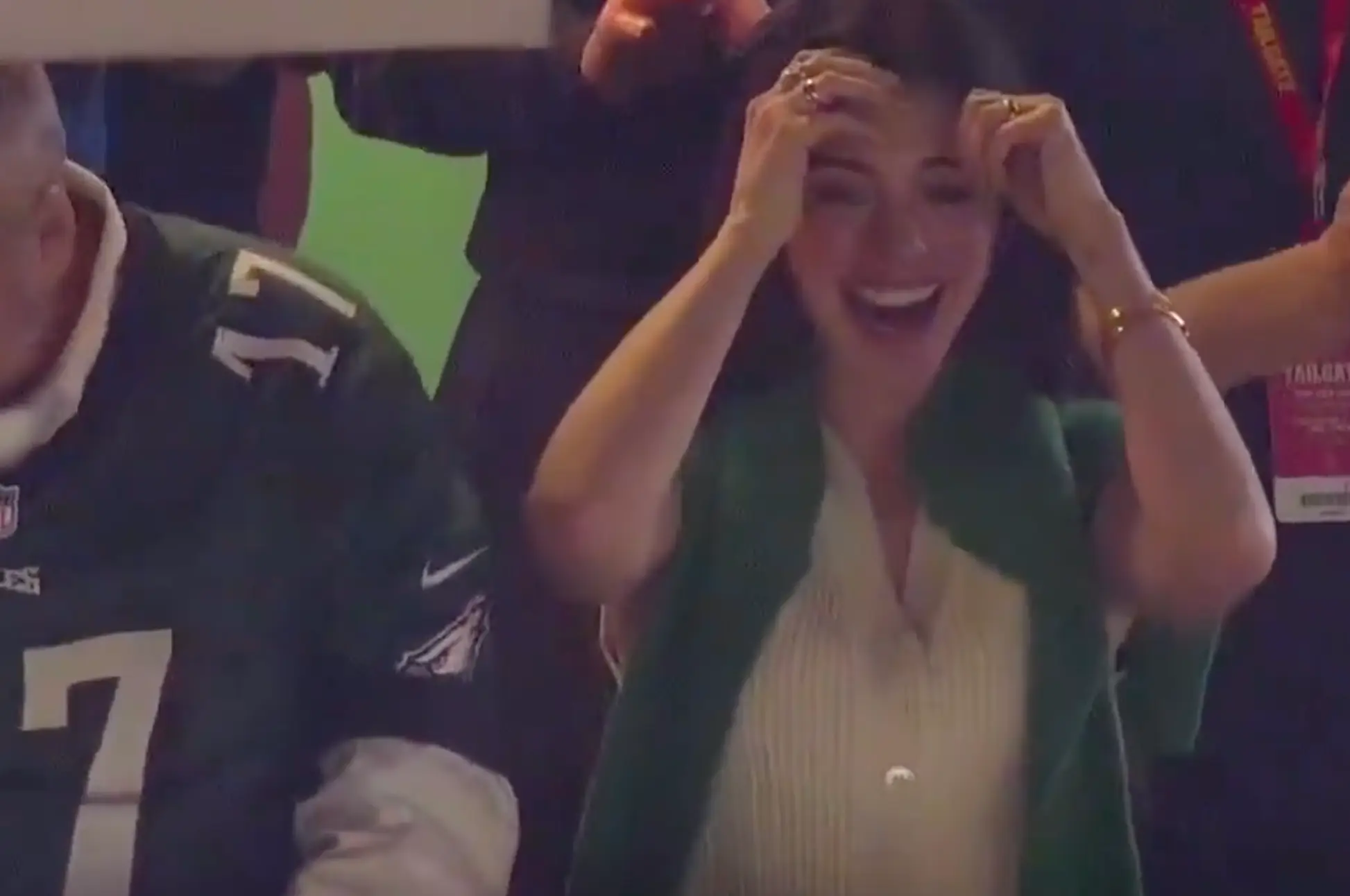 Anne Hathaway was sported cheering on the Eagles during the Super Bowl final on Sunday (X/@cjzero)